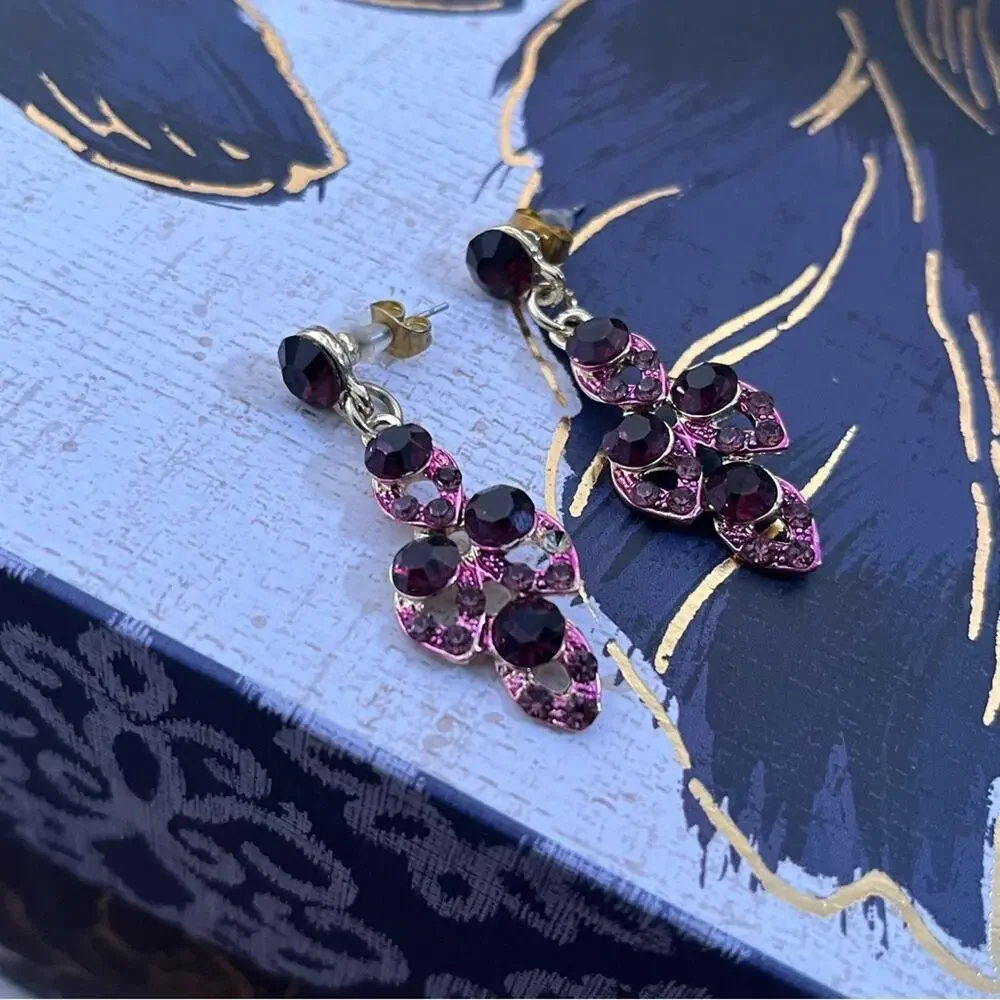 Vintage y2k 00s Elegant Pink Gold and Black Sparkling Crystal Dangle Earrings C2